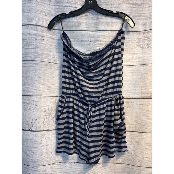 Forever 21 Striped Blue & Gray Romper With Pockets & Button Details Size L - Picture 1 of 3